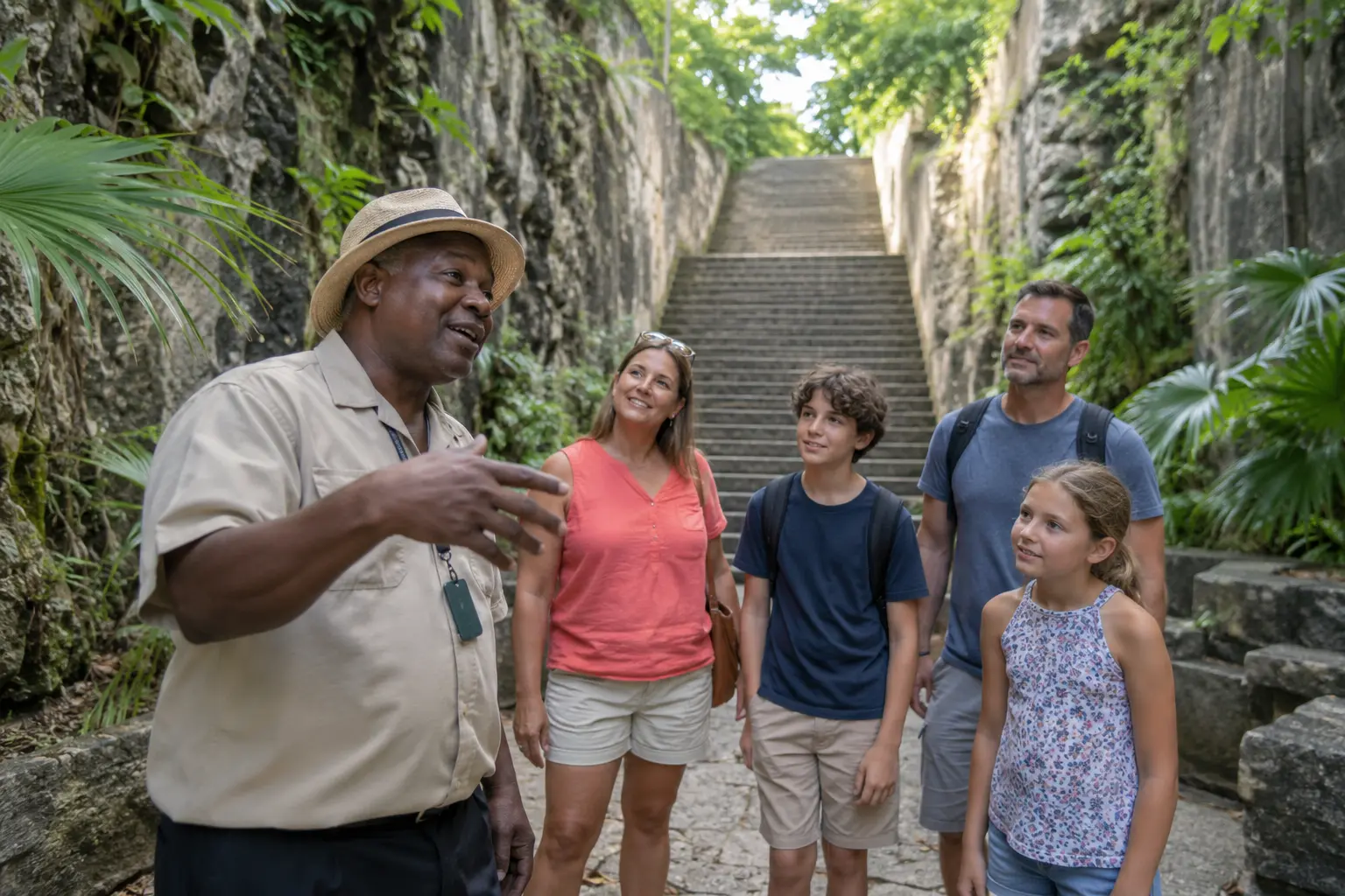 Local guide sharing Nassau history with visitors at the Queen’s Staircase